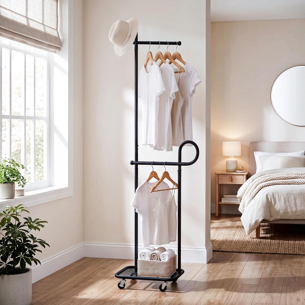 HOMLUX F-Shape Indoor Coat Rack with Lockable Wheeled Bases and Hat Hooks in Black, , large