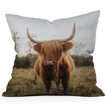 Deny Designs Highland Cow 18" Square Outdoor Throw Pillow in Beige, , large