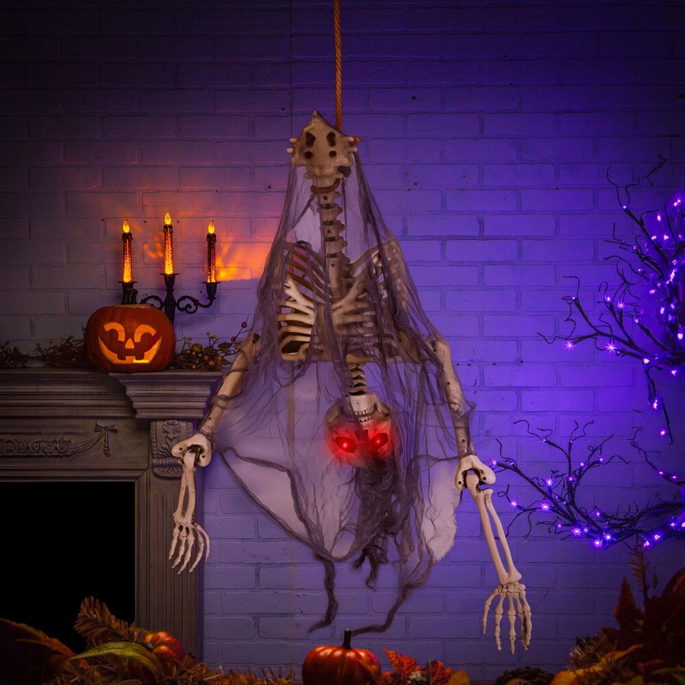 The Gerson Company Lighted Hanging Upside Down Skeleton in White, , large