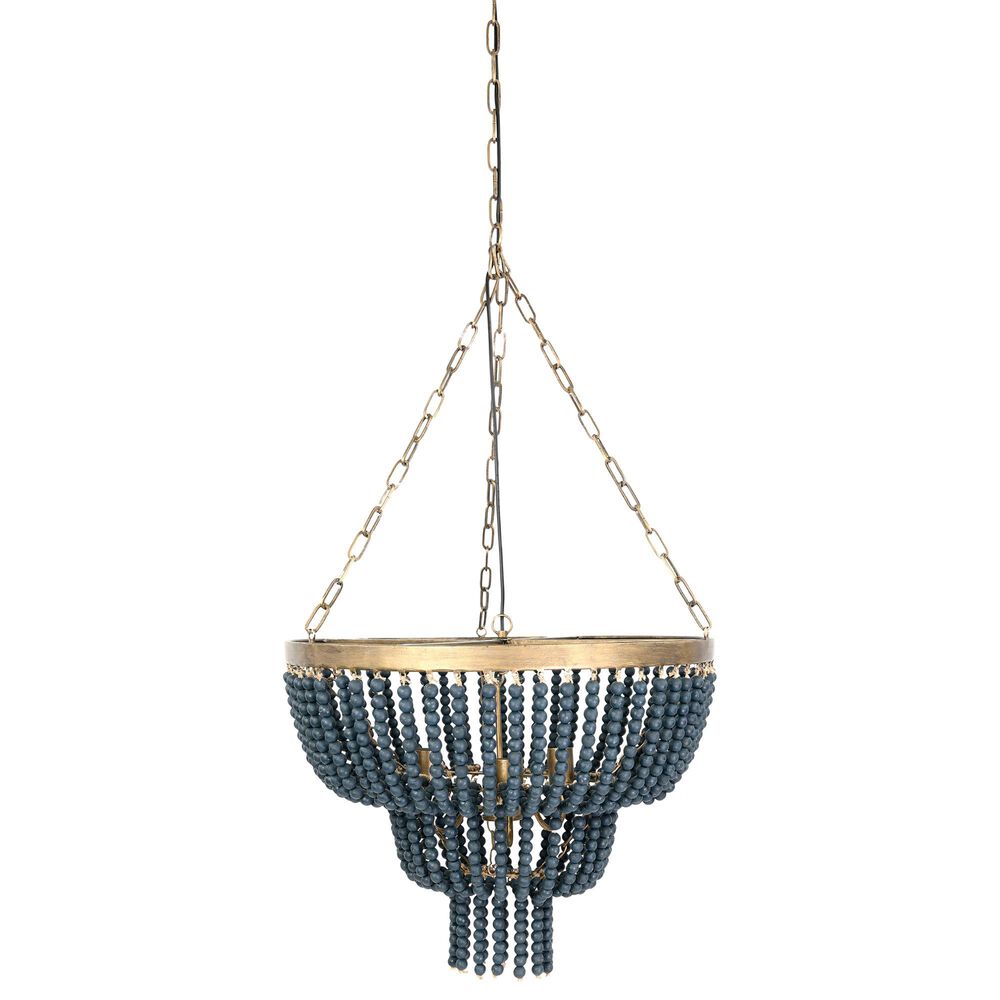 Creative Coop Laurel 2-Tier Draped Wood Bead Chandelier with Gold and Navy Blue Shade, , large