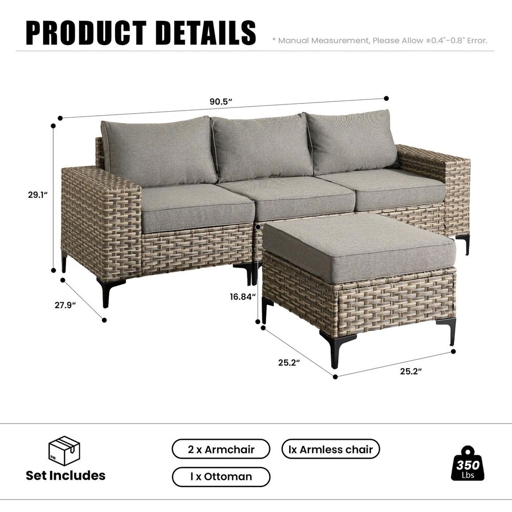 HOMLUX 4-Piece Patio Modular Sofa and Ottoman Set in Dark Gray, , large