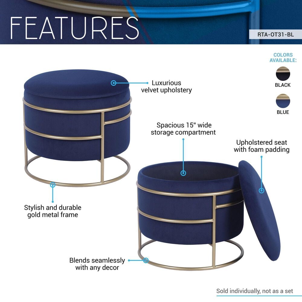Rta Products Elegant Storage Ottoman with Gold Frame in Blue, , large