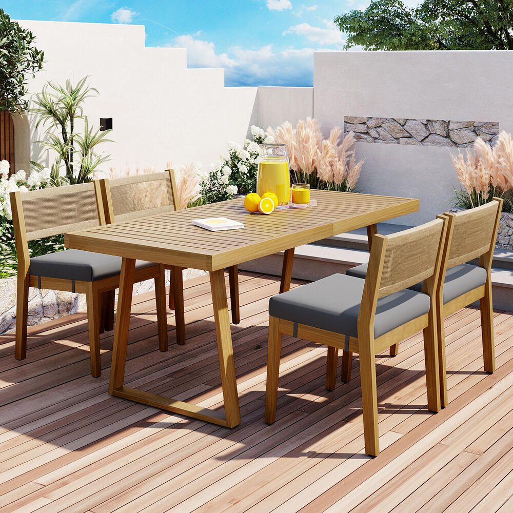 Hearth and Haven 5-Piece Outdoor Wooden Dining Set with U-Leg Table and Cushioned Chairs in Gray, , large