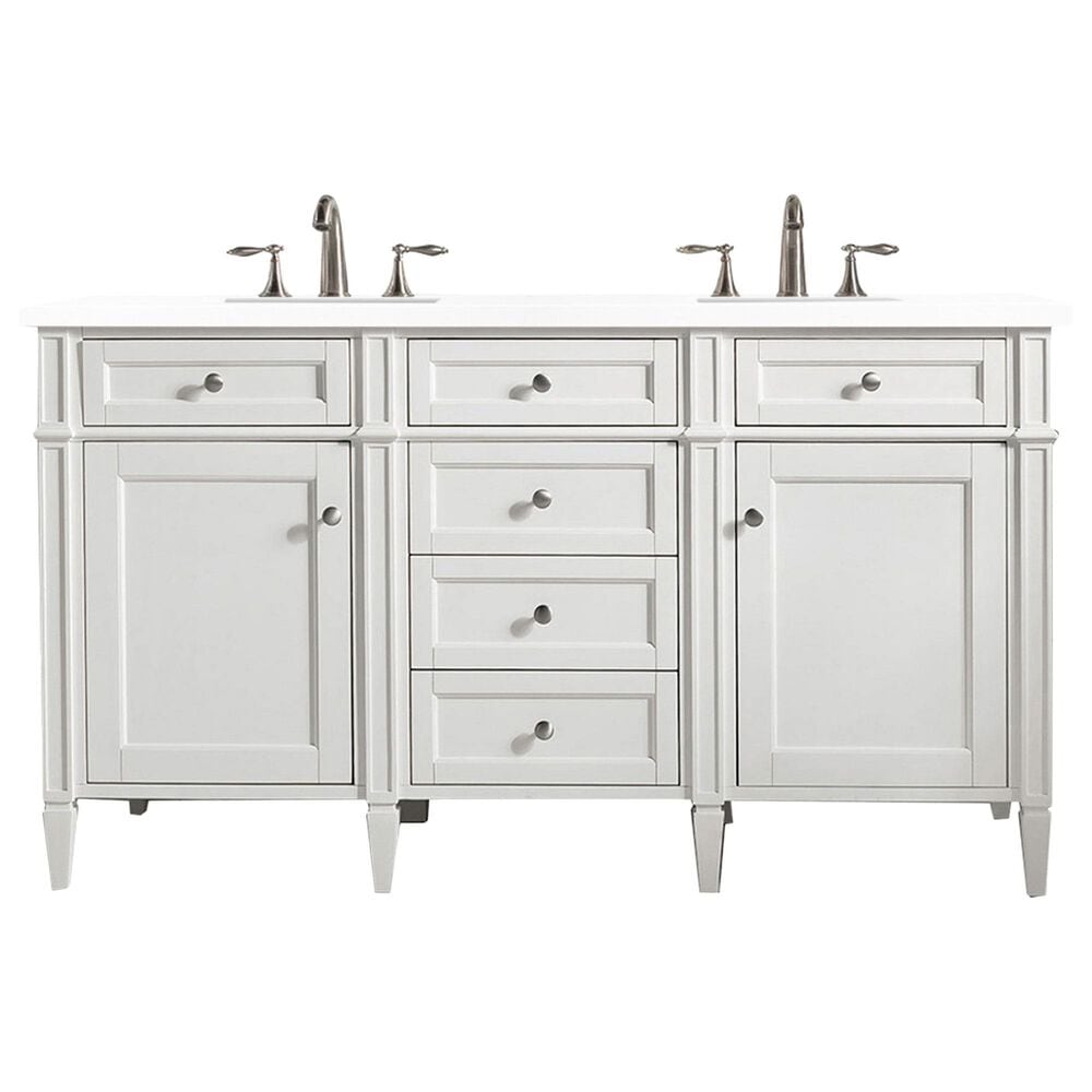 James Martin Brittany 60" Double Bathroom Vanity in Bright White with 3 cm White Zeus Quartz Top and Rectangular Sinks, , large