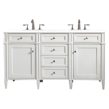 James Martin Brittany 60" Double Bathroom Vanity in Bright White with 3 cm White Zeus Quartz Top and Rectangular Sinks, , large