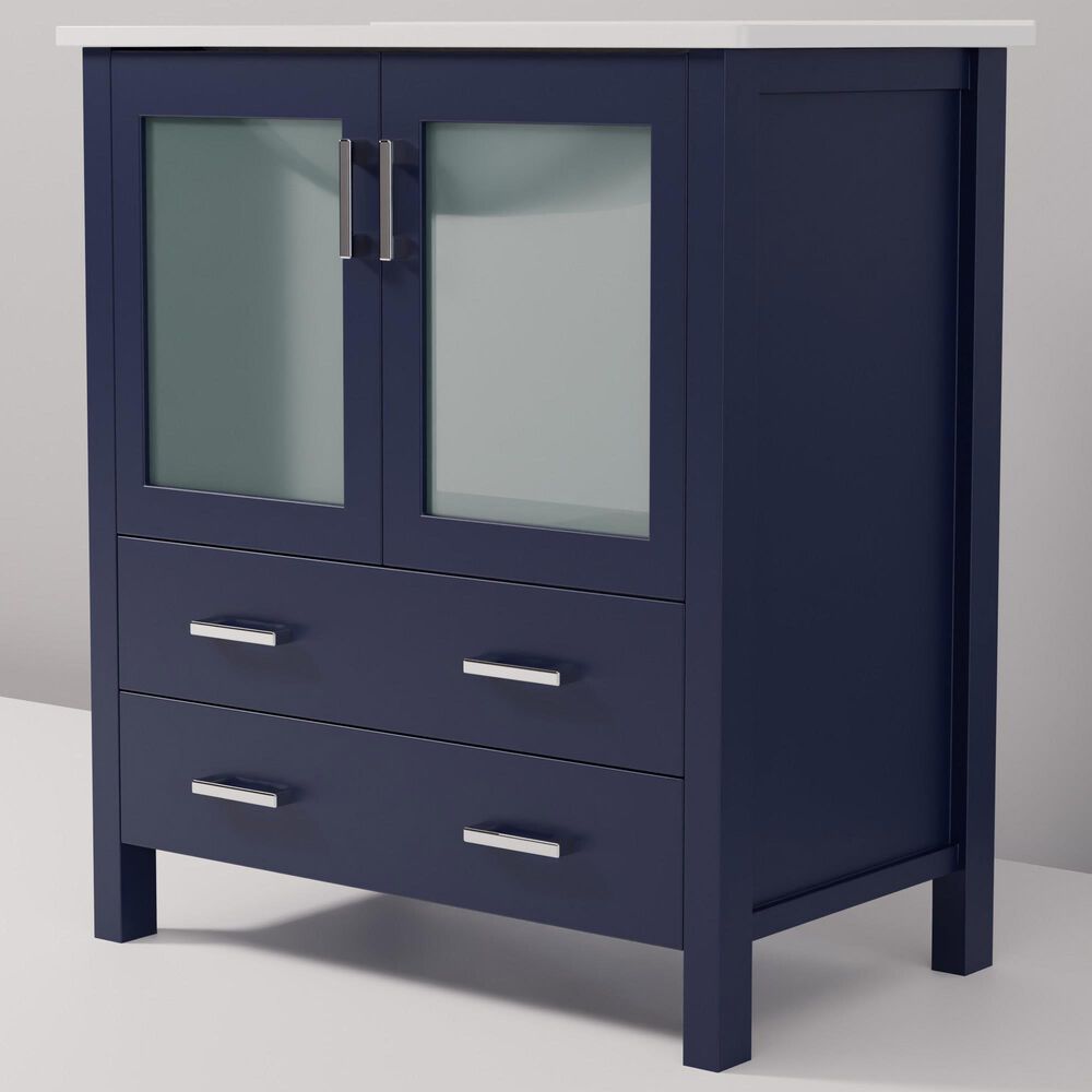Lexora Home Volez 30&quot; Single Bathroom Vanity in Navy Blue with 2 cm White Ceramic Top and Rectangular Sink, , large