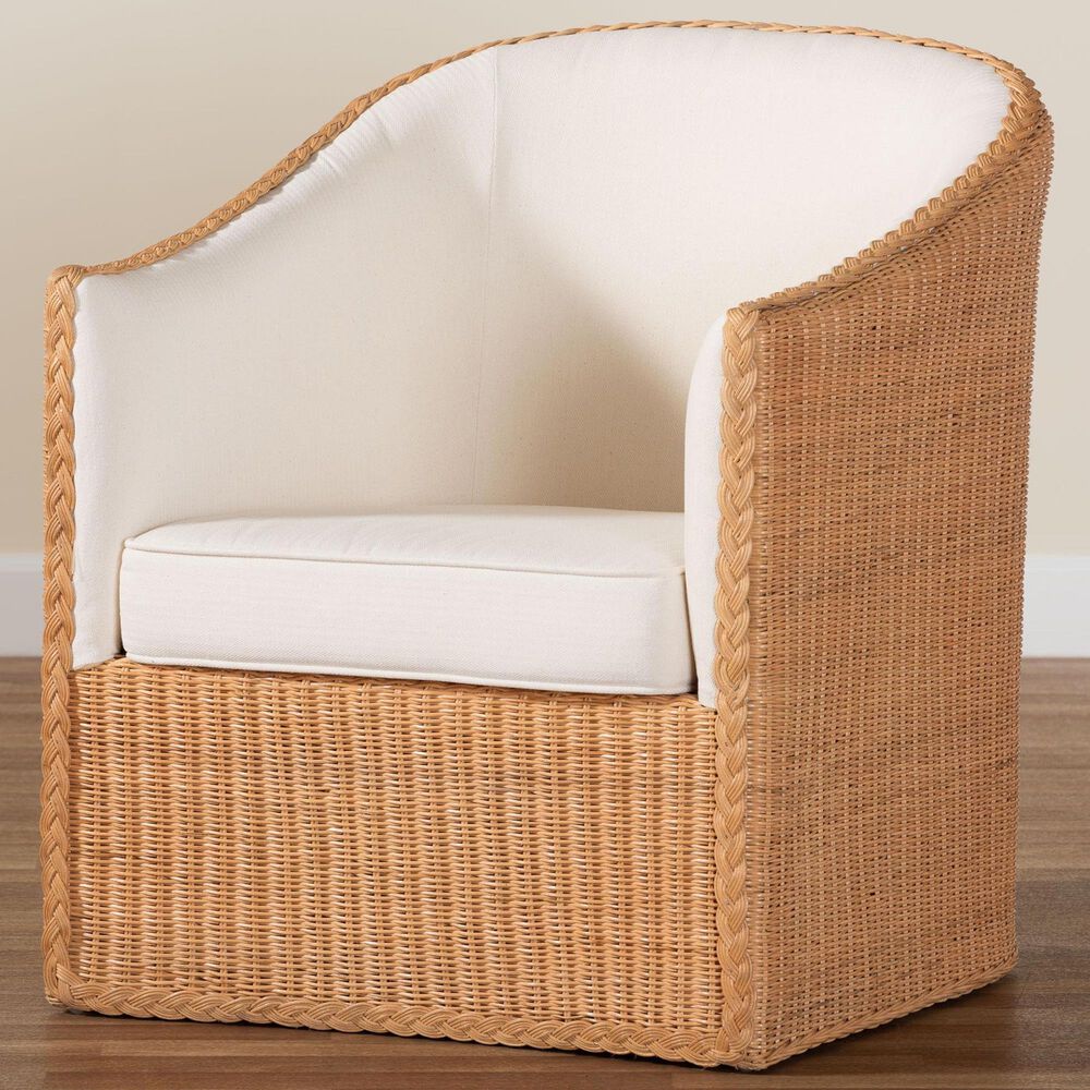 Baxton Studio Tessa Arm Chair with Light Honey Rattan in White, , large