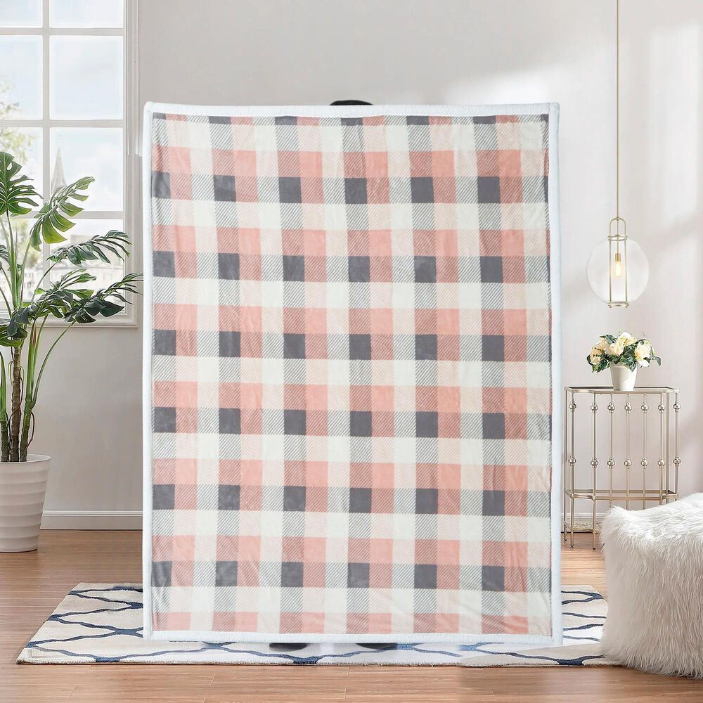 Duke Imports Flannel Sherpa Plaid Throw in Pink and Grey, , large