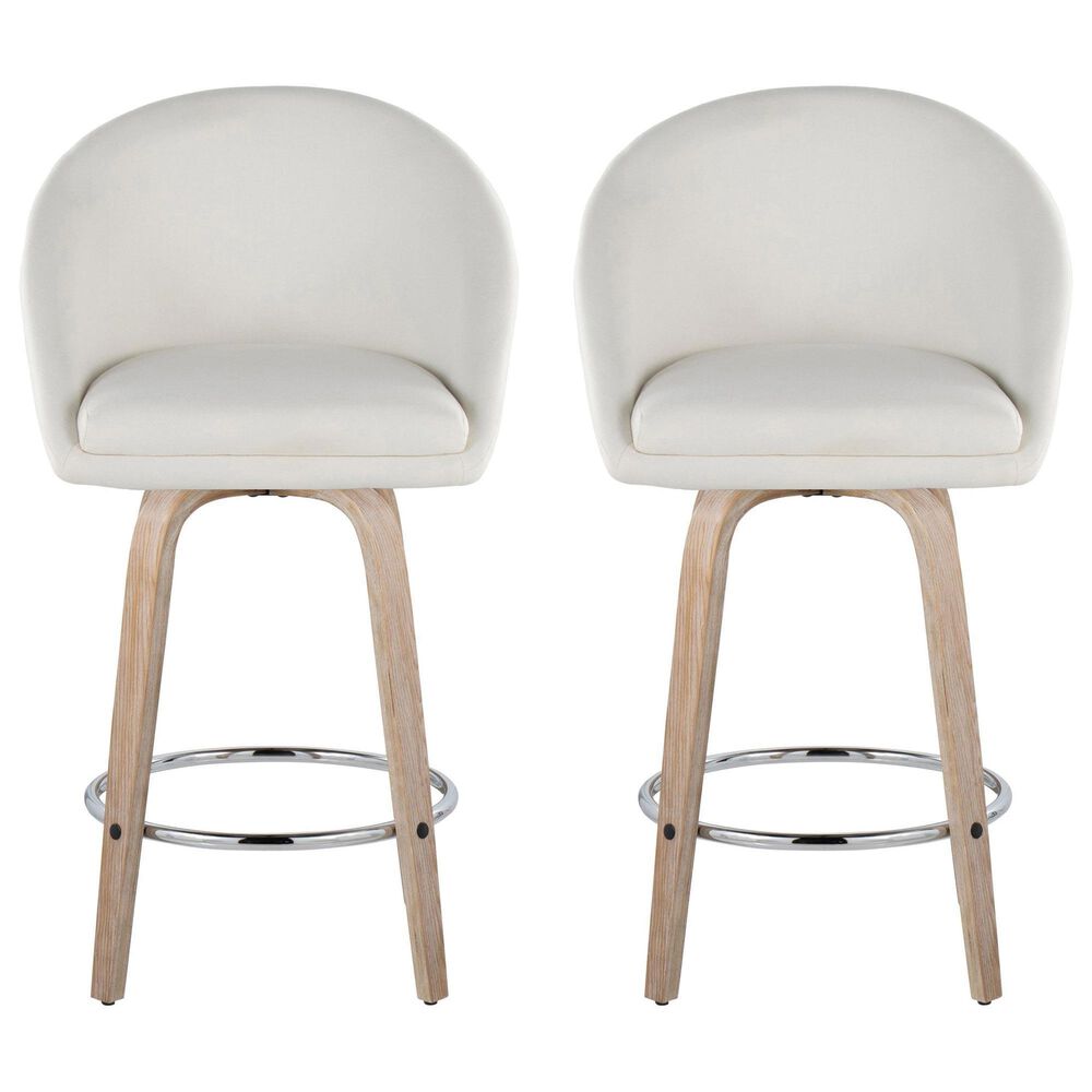 LumiSource Matisse 26" Swivel Counter Stool with Cream Fabric Upholstery in Whitewashed and Chrome (Set of 2), , large