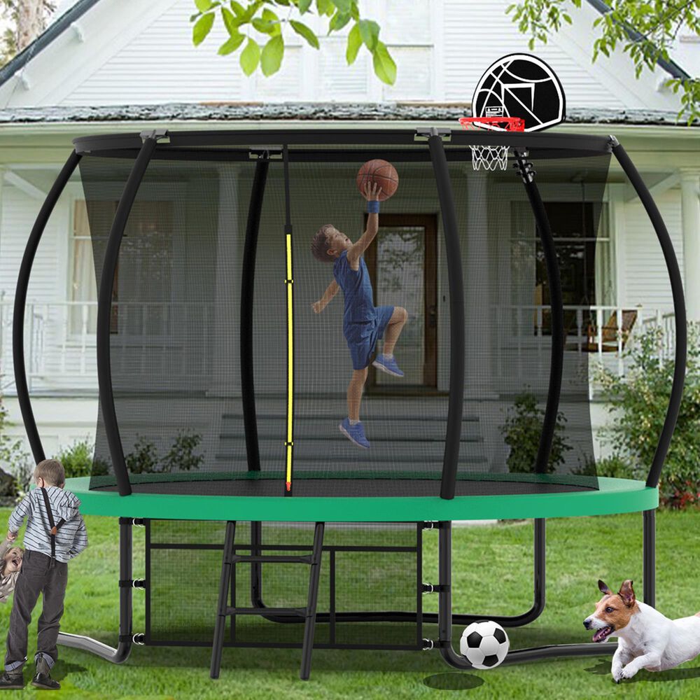 HOMLUX 10' Outdoor Trampoline with Basketball Hoop in Green, , large