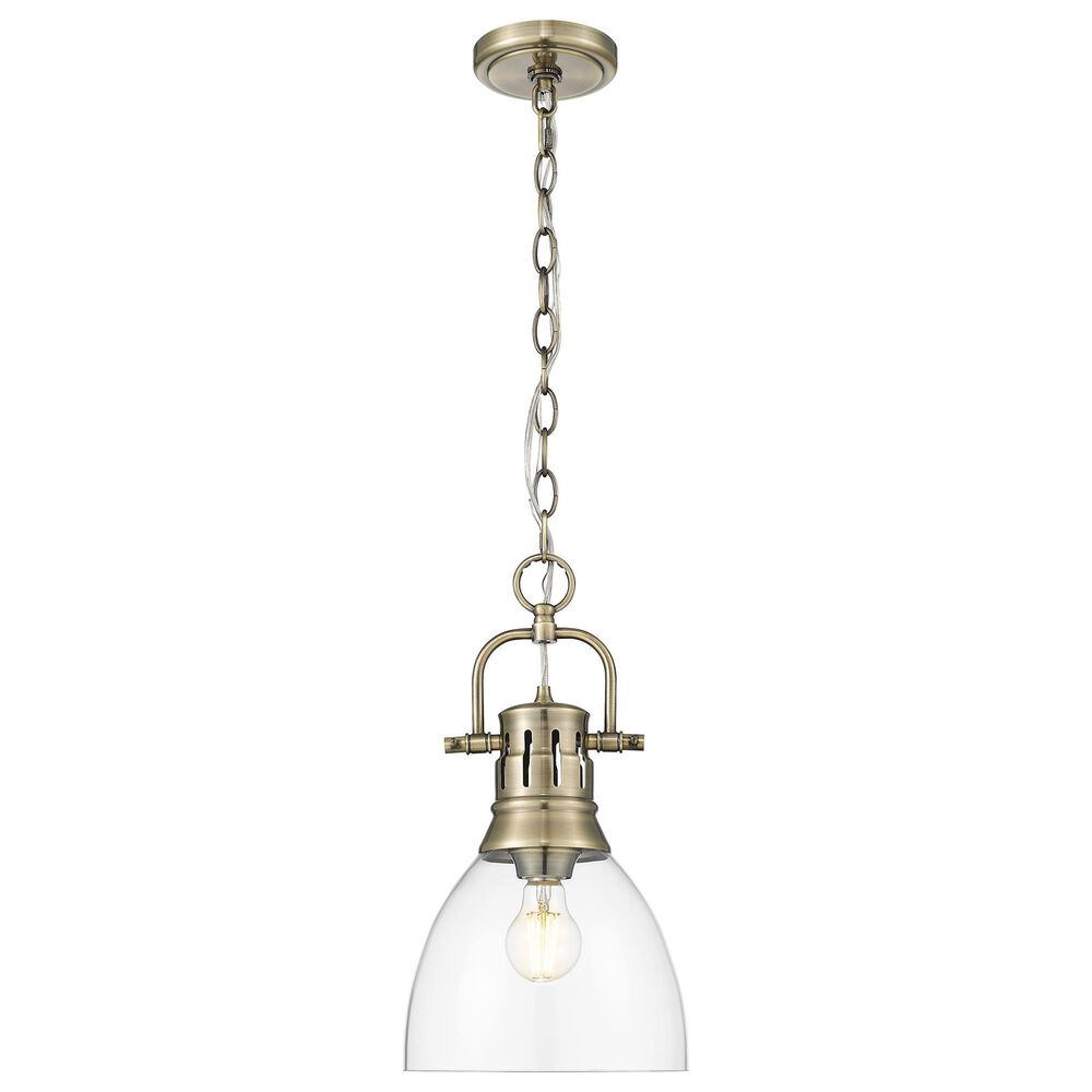 Golden Lighting Duncan 1-Light Small Pendant with Chain and Clear Shade in Aged Brass, , large