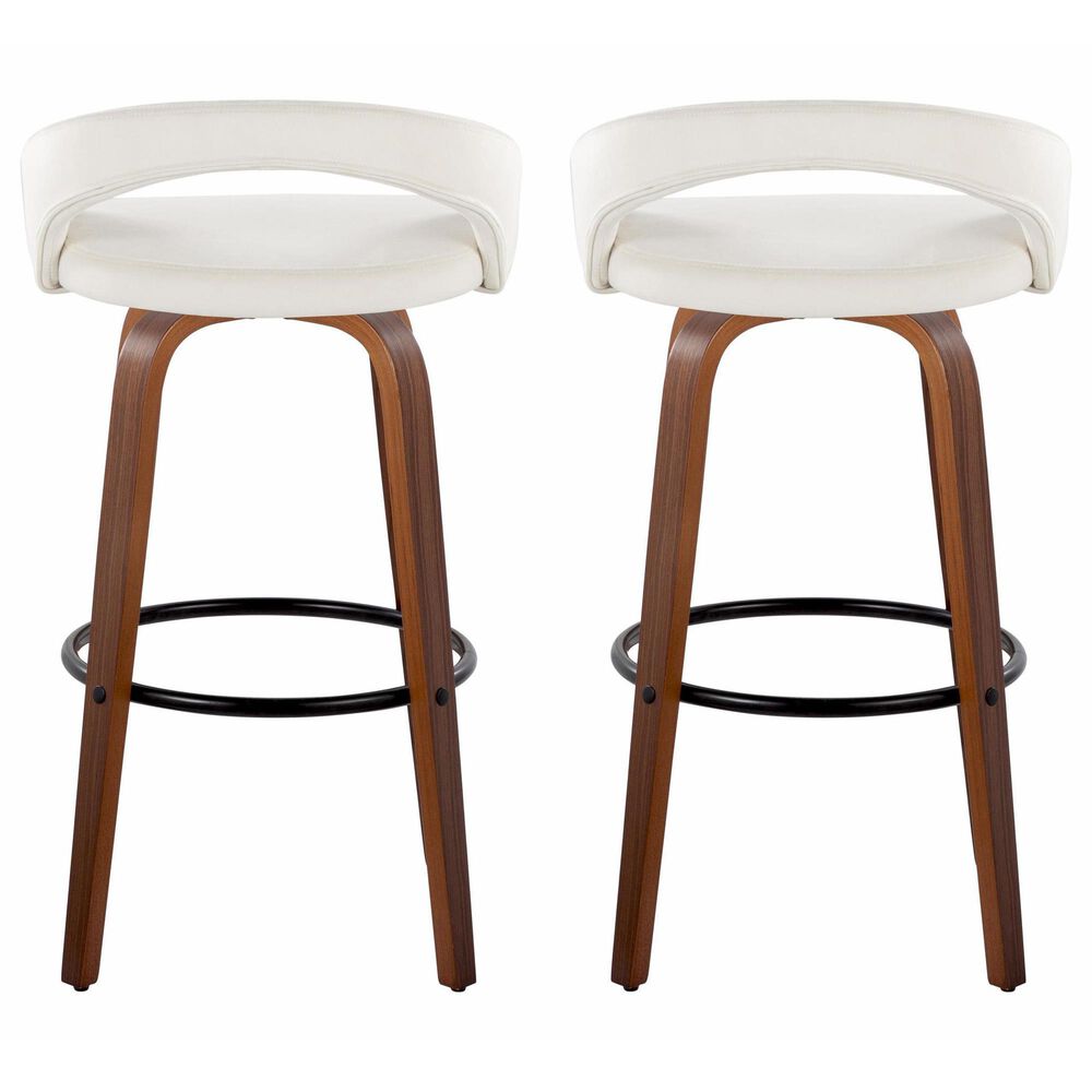 LumiSource Grotto Swivel Bar Stool with White Velvet Upholstery in Walnut Wood and Black (Set of 2), , large