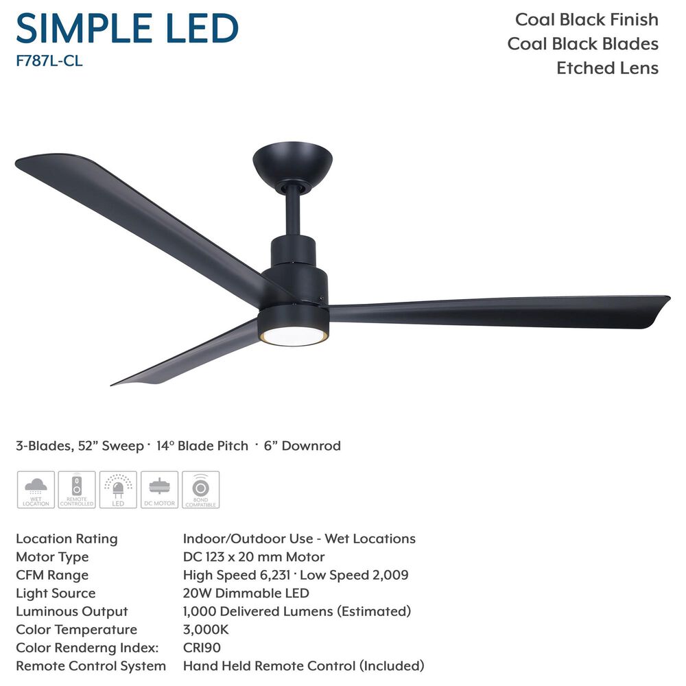 Minka-Aire Simple 52" Indoor/Outdoor Ceiling Fan with LED Light in Coal Black, , large