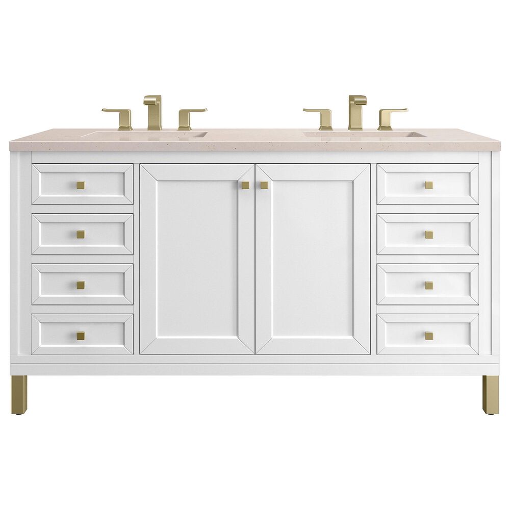 James Martin Vanities Chicago 60" Double Bathroom Vanity in Glossy White with 3 cm Eternal Marfil Quartz Top and Rectangular Sinks, , large