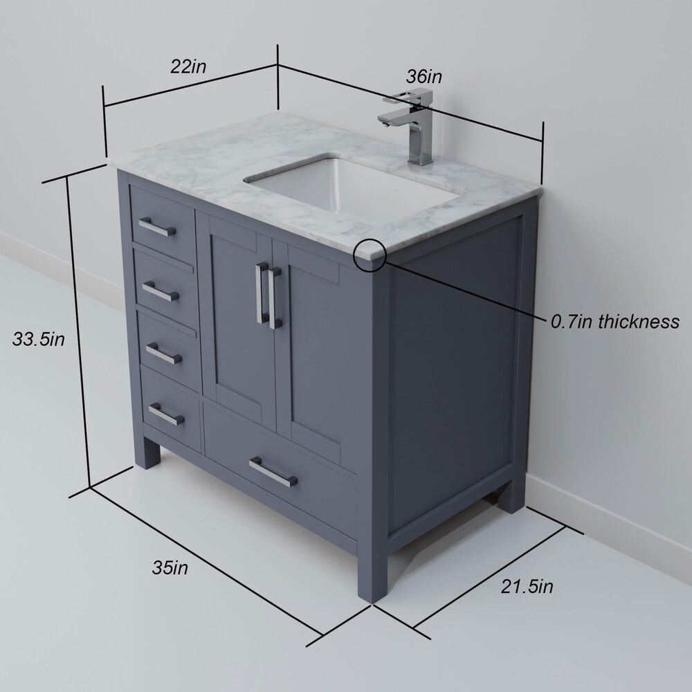 Lexora Home Jacques 36&quot; Right Offset Single Bathroom Vanity in Dark Grey with 2 cm White Carrara Marble Top and Rectangular Sink, , large