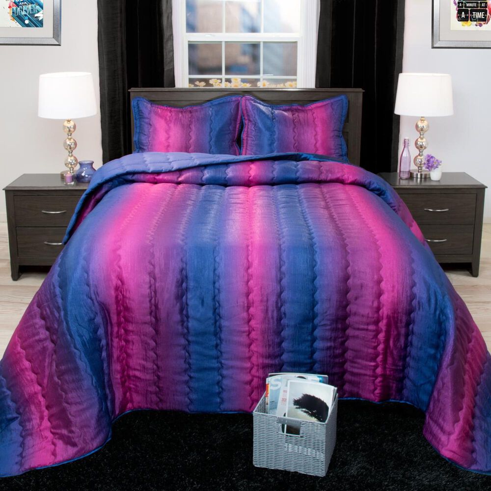 Timberlake Lavish Home Striped Metallic Twin Bedspread 3- Piece Set in Blue/Plum, , large
