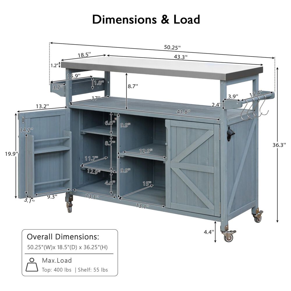 HOMLUX 50" Outdoor Kitchen Island in Grey Blue and Stainless Steel, , large