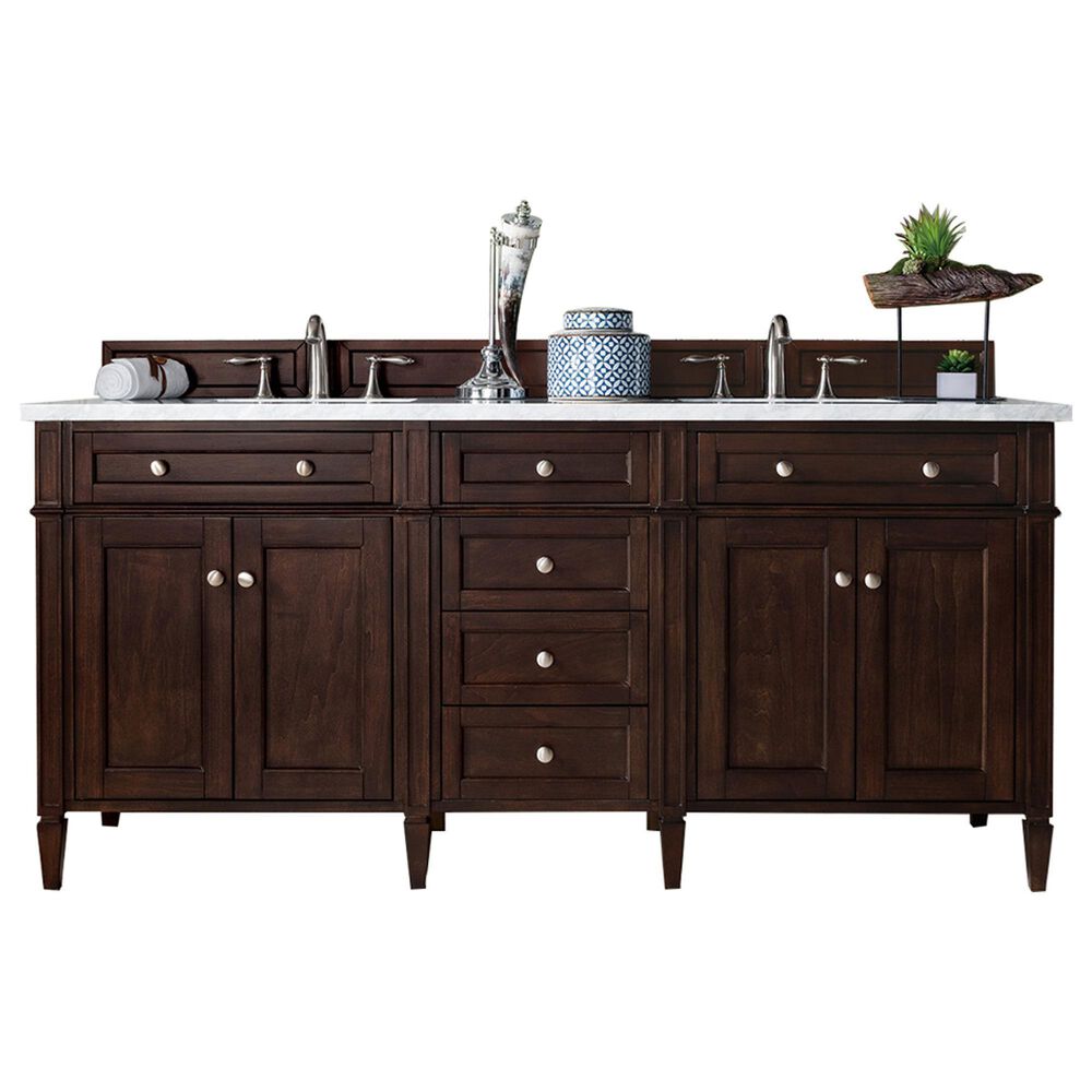 James Martin Vanities Brittany 72" Double Bathroom Vanity in Burnished Mahogany with 3 cm Carrara White Marble Top and Rectangle Sinks, , large