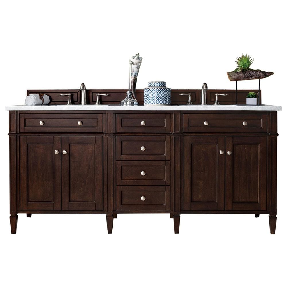 James Martin Vanities Brittany 72" Double Bathroom Vanity in Burnished Mahogany with 3 cm Carrara White Marble Top and Rectangle Sinks, , large