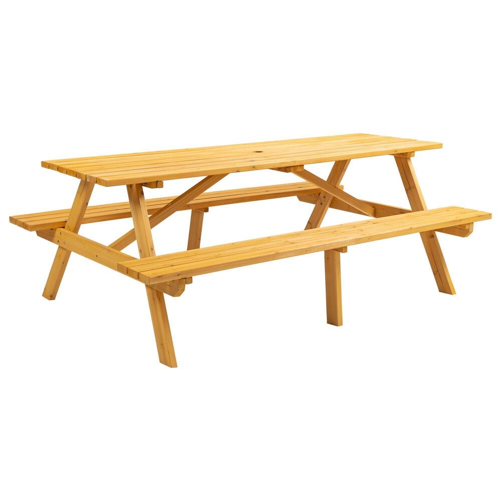 Hearth and Haven Outdoor Wood Picnic Table with 2 Built-in Benches and Umbrella Hole in Brown, , large