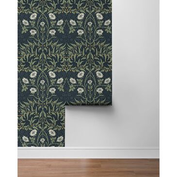 NextWall Stenciled Floral 216" x 20.5" Peel and Stick Wallpaper in Navy and Sage, , large