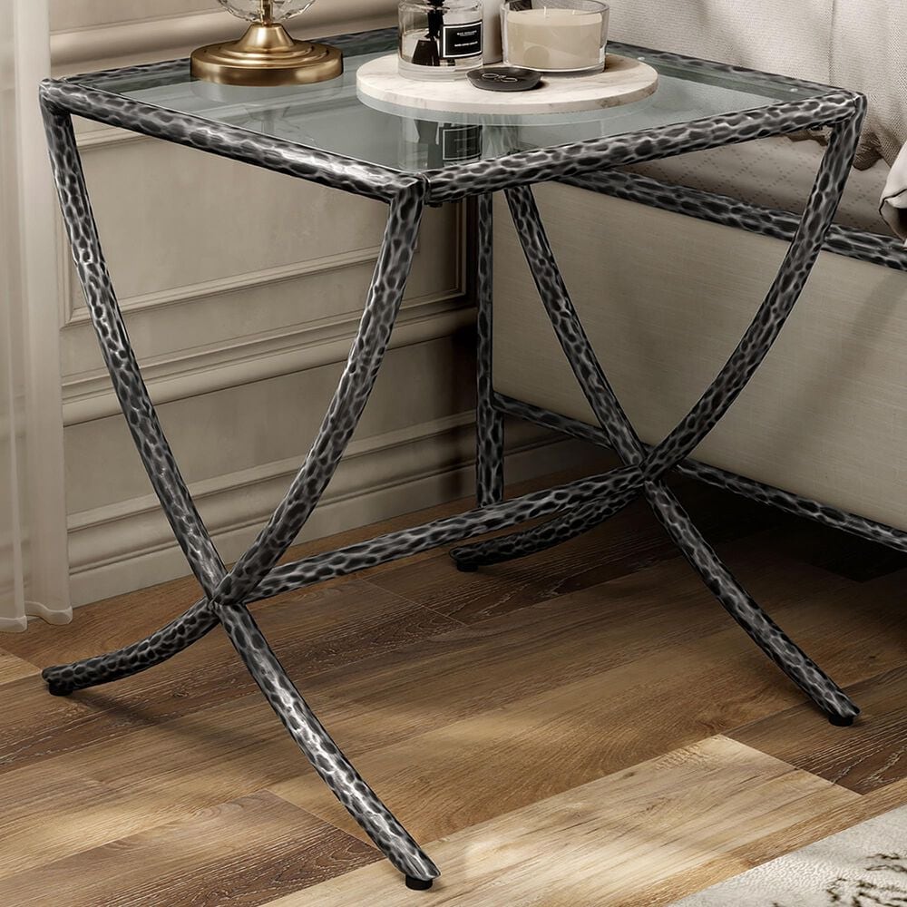 Furniture of America Lalia Side Table with Tempered Glass Top and X-Base in Gun Metal, , large