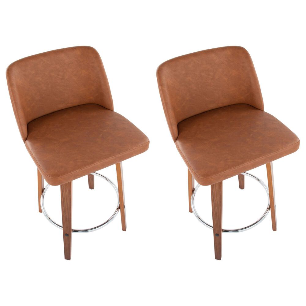 LumiSource Toriano Swivel Counter Stool with Camel Faux Leather Upholstery in Walnut and Chrome (Set of 2), , large