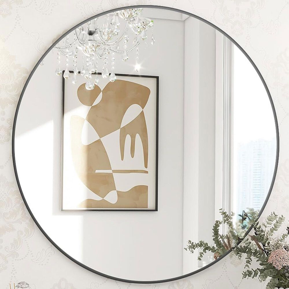 HOMLUX 24&quot; Round Wall Mirror in Black, , large
