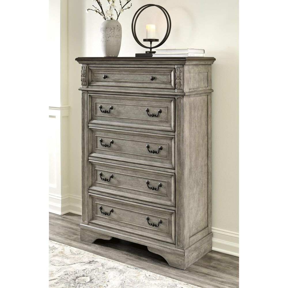 Ashley Lodenbay 5 Drawer Chest in Antiqued Gray and Walnut Brown, , large