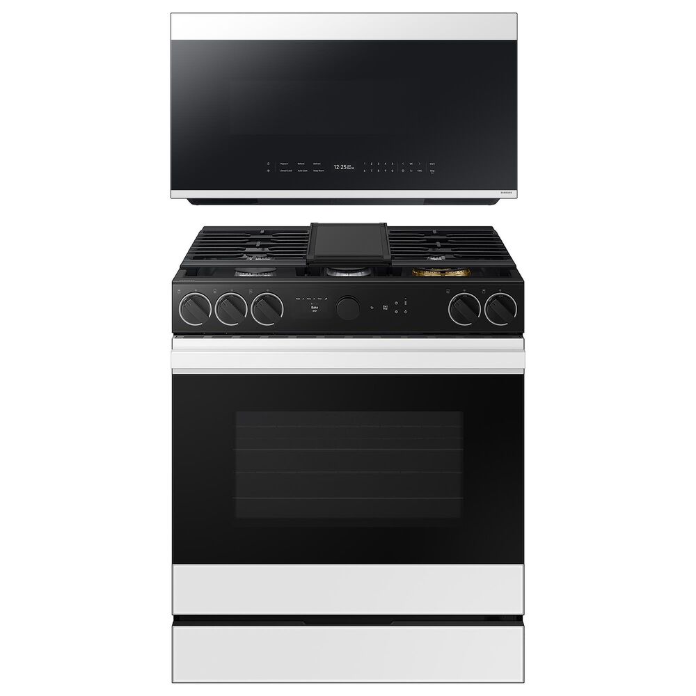 Samsung Bespoke 2-Piece Kitchen Package with 2.1 Cu. Ft. Over-The-Range Microwave and 6 Cu. Ft. Slide In Gas Range in White Glass, , large