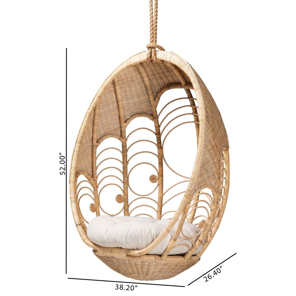 Baxton Studio Umika Patio Hanging Chair with Natural Brown Rattan in White, , large