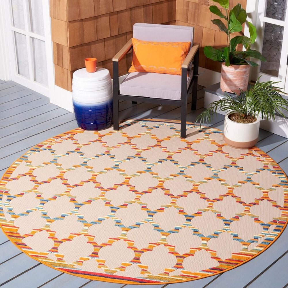 Safavieh Cabana CBN333A 6&#39;7&quot; Round Ivory and Orange Indoor/Outdoor Area Performance Rug, , large
