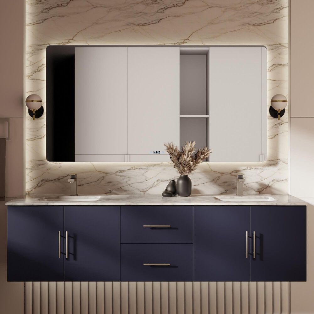 Lexora Home Geneva 72" Double Bathroom Vanity in Navy Blue with 2 cm White Carrara Marble Top and Rectangular Sinks, , large