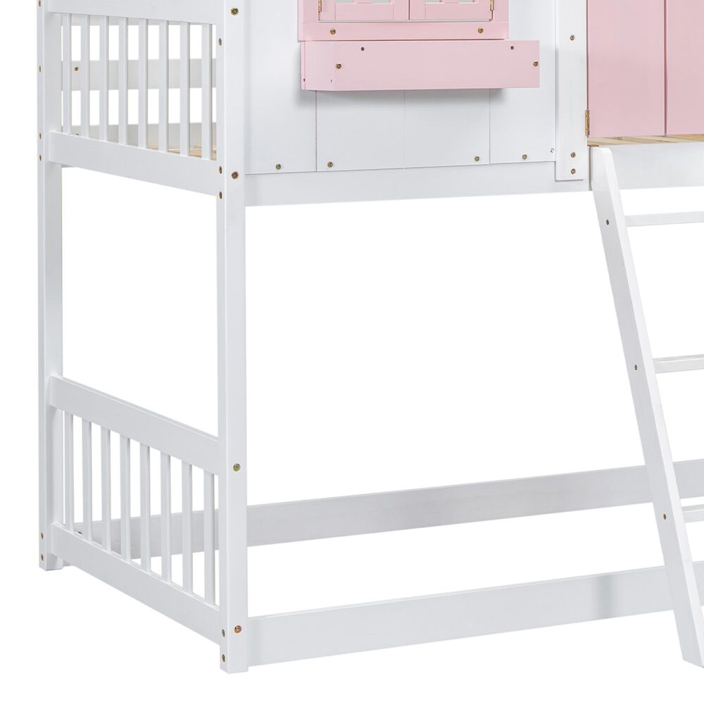 Hearth and Haven Twin over Twin House Bunk Bed with Roof in Pink and White, , large
