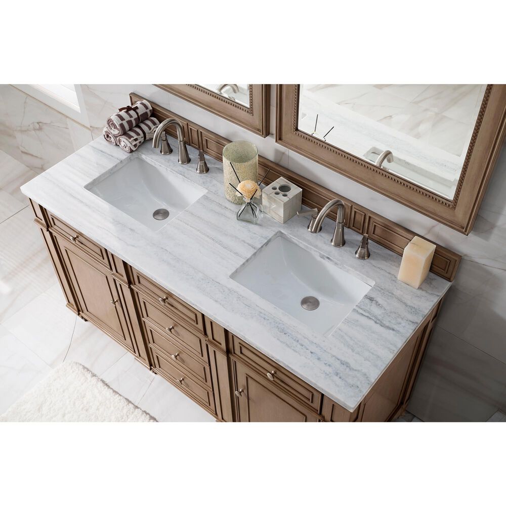 James Martin Vanities Bristol 60&quot; Double Bathroom Vanity in Whitewashed Walnut with 3 cm Arctic Fall Solid Surface Top and Rectangle Sinks, , large