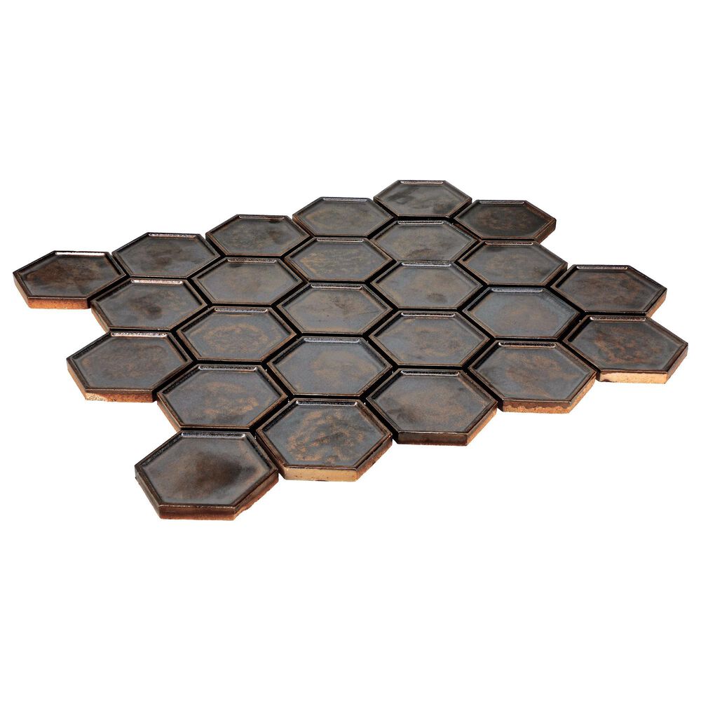 Dal-Tile Artefino Jewel Antiqued Brass 2.5" Framed Hexagon on 12" x 14" Porcelain Mosaic Sheet, , large