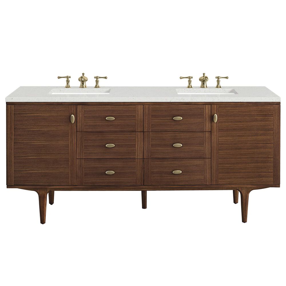 James Martin Vanities Amberly 72&quot; Double Bathroom Vanity in Mid-Century Walnut with Single Hole 3 cm White Zeus Quartz Top and Rectangular Sinks, , large