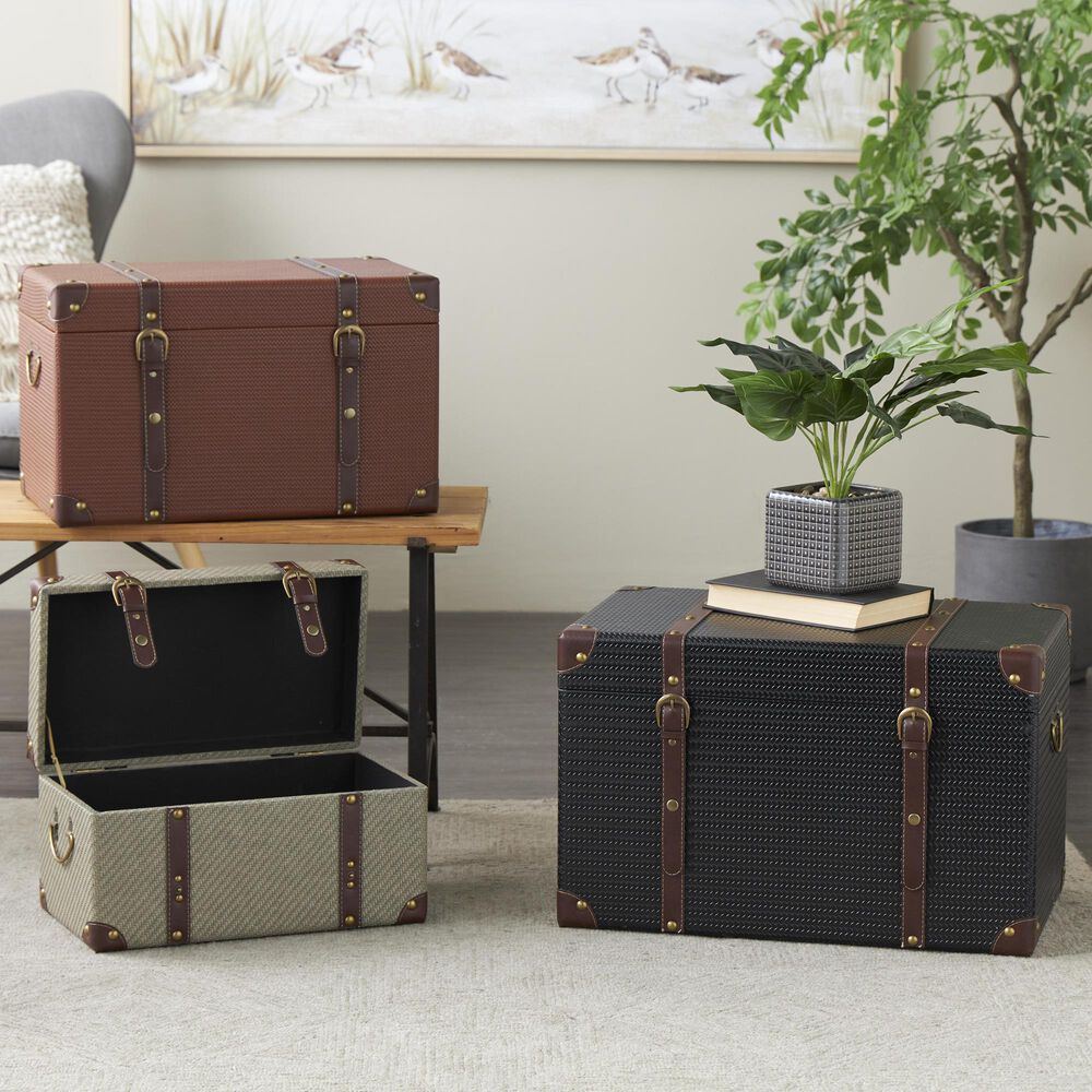 Maple and Jade 3-Piece Vintage Studded Woven Storage Decorative Trunk Set in Blue, Cream, and Maroon, , large