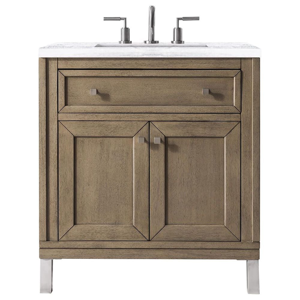 James Martin Vanities Chicago 30" Single Bathroom Vanity in Whitewashed Walnut with 3 cm Arctic Fall Solid Surface Top and Rectangular Sink, , large