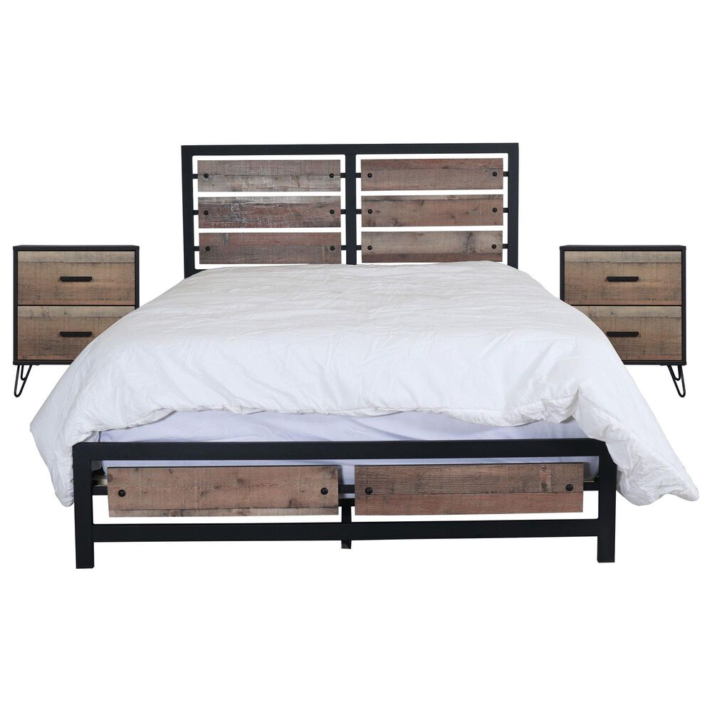 New Heritage Design Elk River Queen Bed and Two Nightstands in Rustic Brown and Black, , large