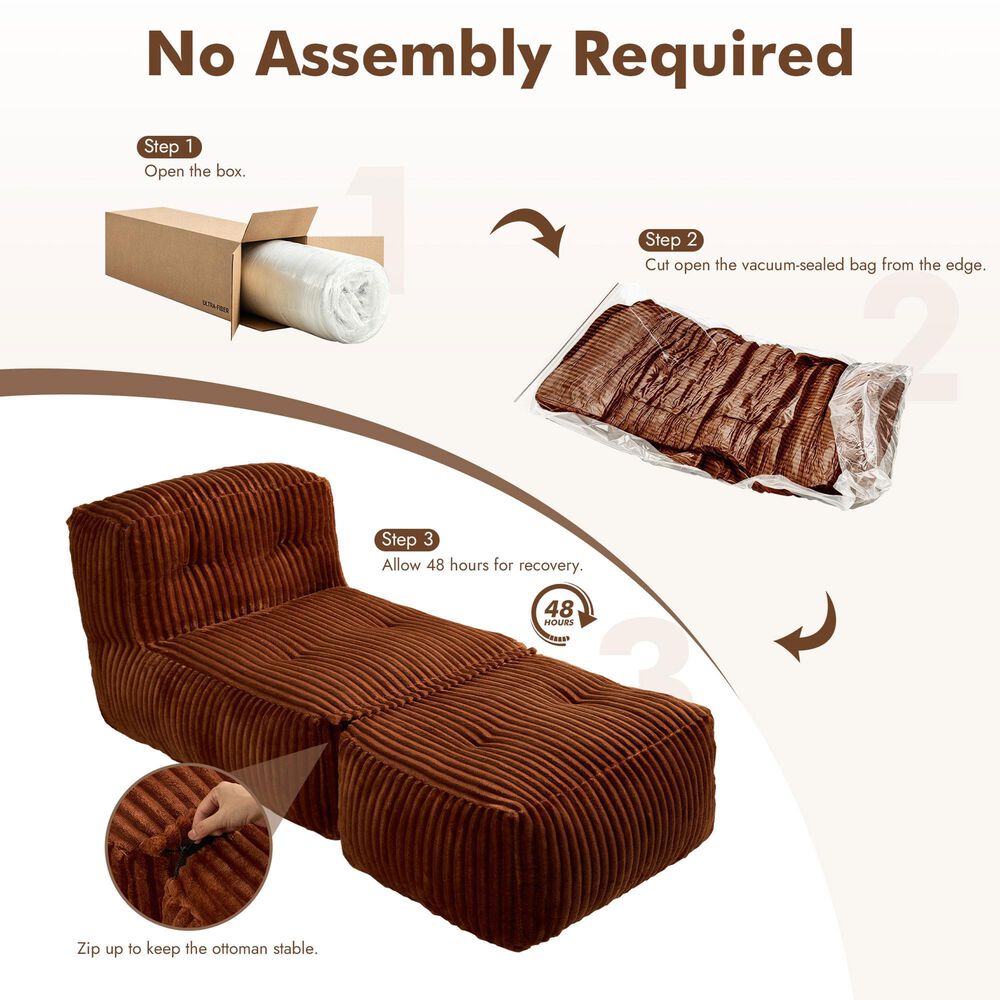 HOMLUX 2-Piece Bean Bag Chair and Ottoman in Brown, , large