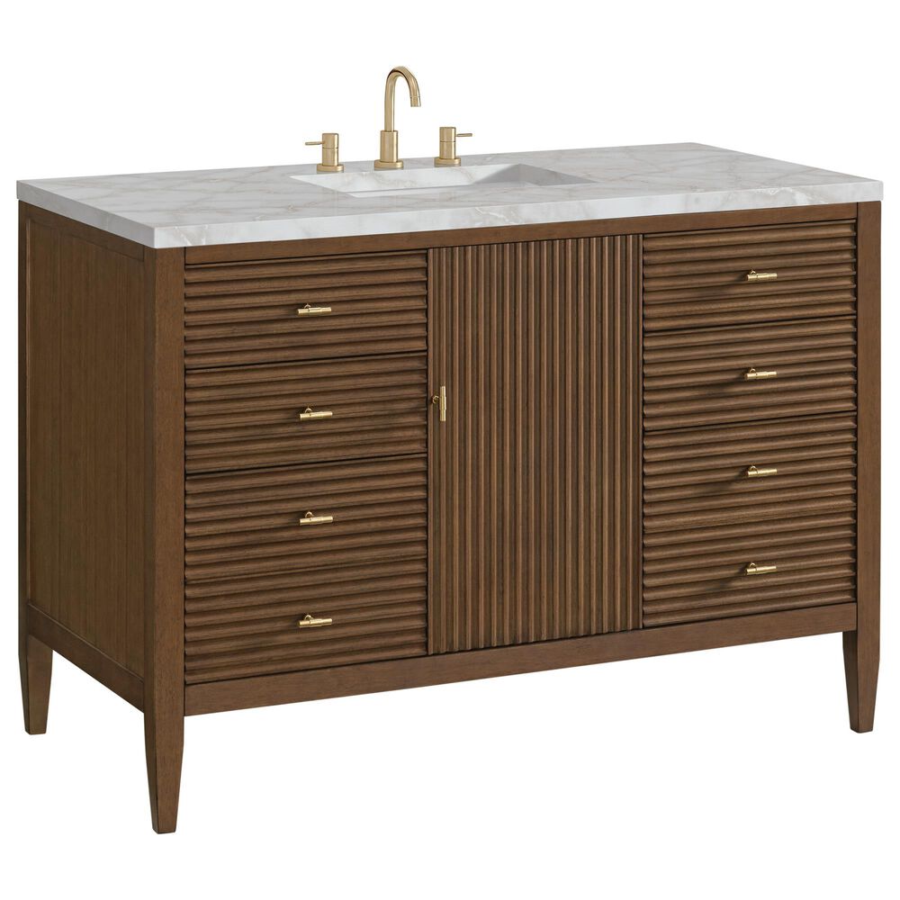 James Martin Vanities Myrrin 48" Vanity in Mid-Century Walnut with 3 cm Victorian Silver Quartz Top, , large