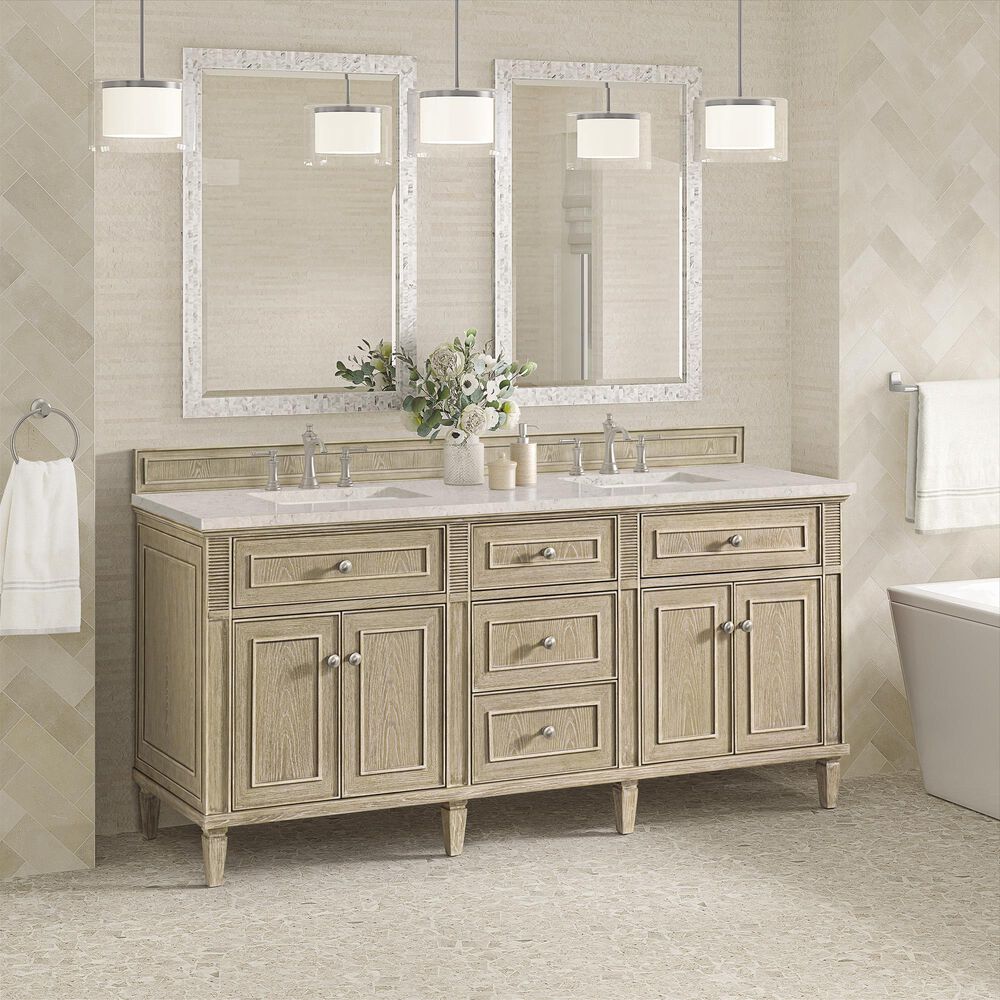 James Martin Vanities Lorelai 72&quot; Double Vanity in Whitewashed Oak with 3 cm Eternal Jasmine Pearl Quartz Top, , large