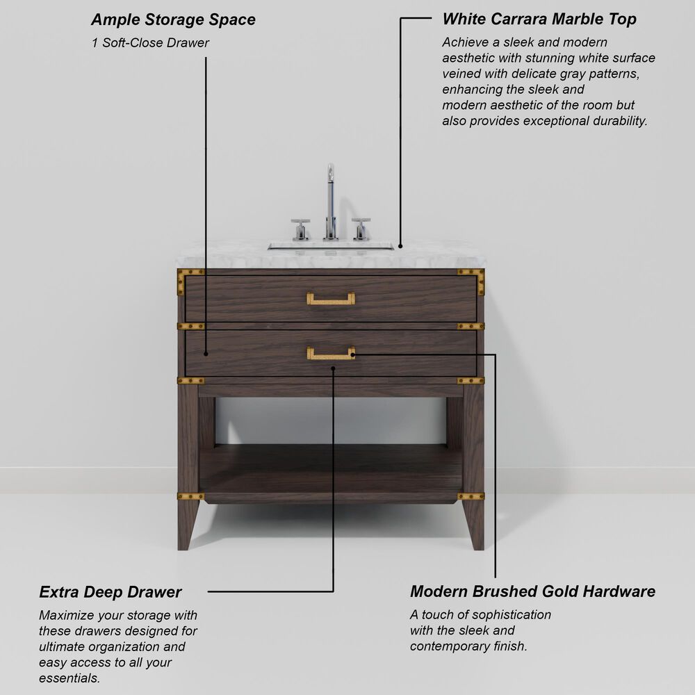 Lexora Home Norwalk 36" Single Bathroom Vanity in Brown Oak with White Carrara Marble Top  and Rectangle Sink, , large