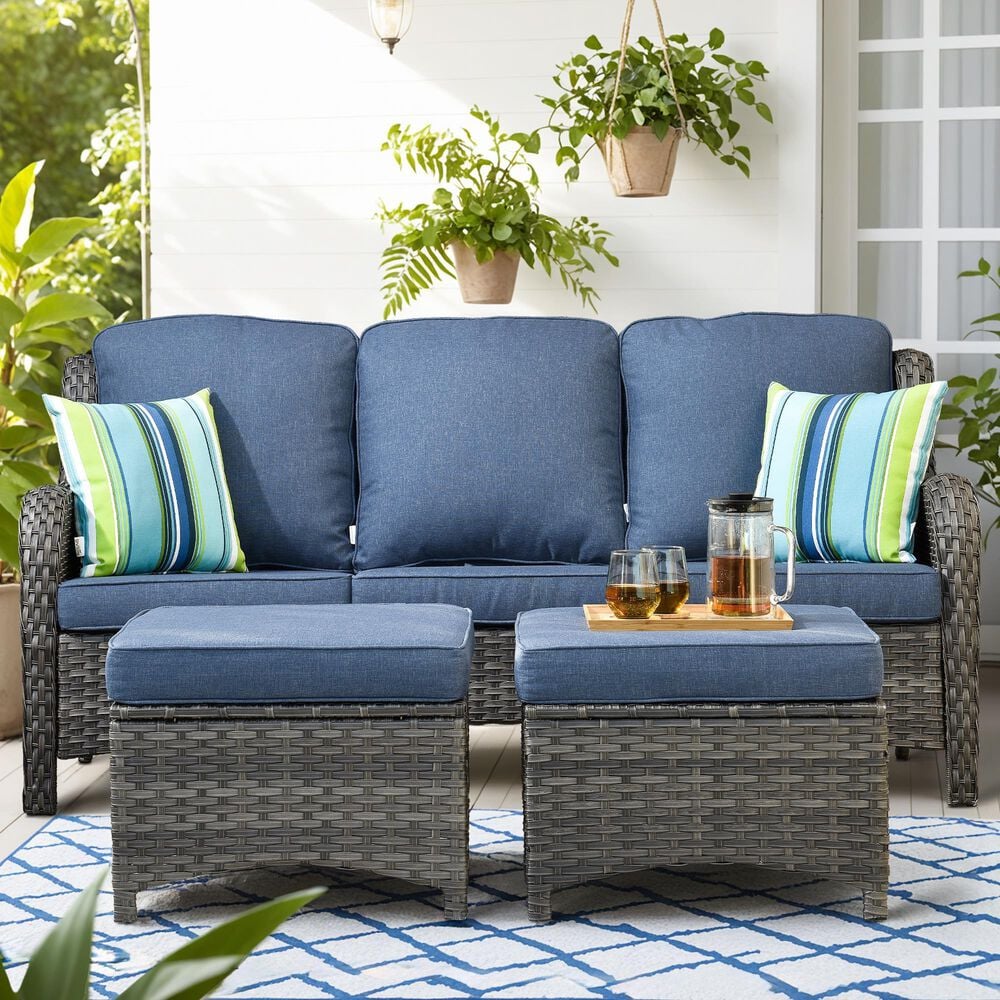 HOMLUX 3-Piece 72" Patio Sofa and Ottoman Set in Denim Blue, , large