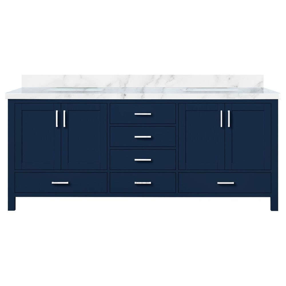 Lexora Home Jacques 80" Double Bathroom Vanity in Navy Blue with 2 cm White Carrara Marble Top and Rectangular Sinks, , large