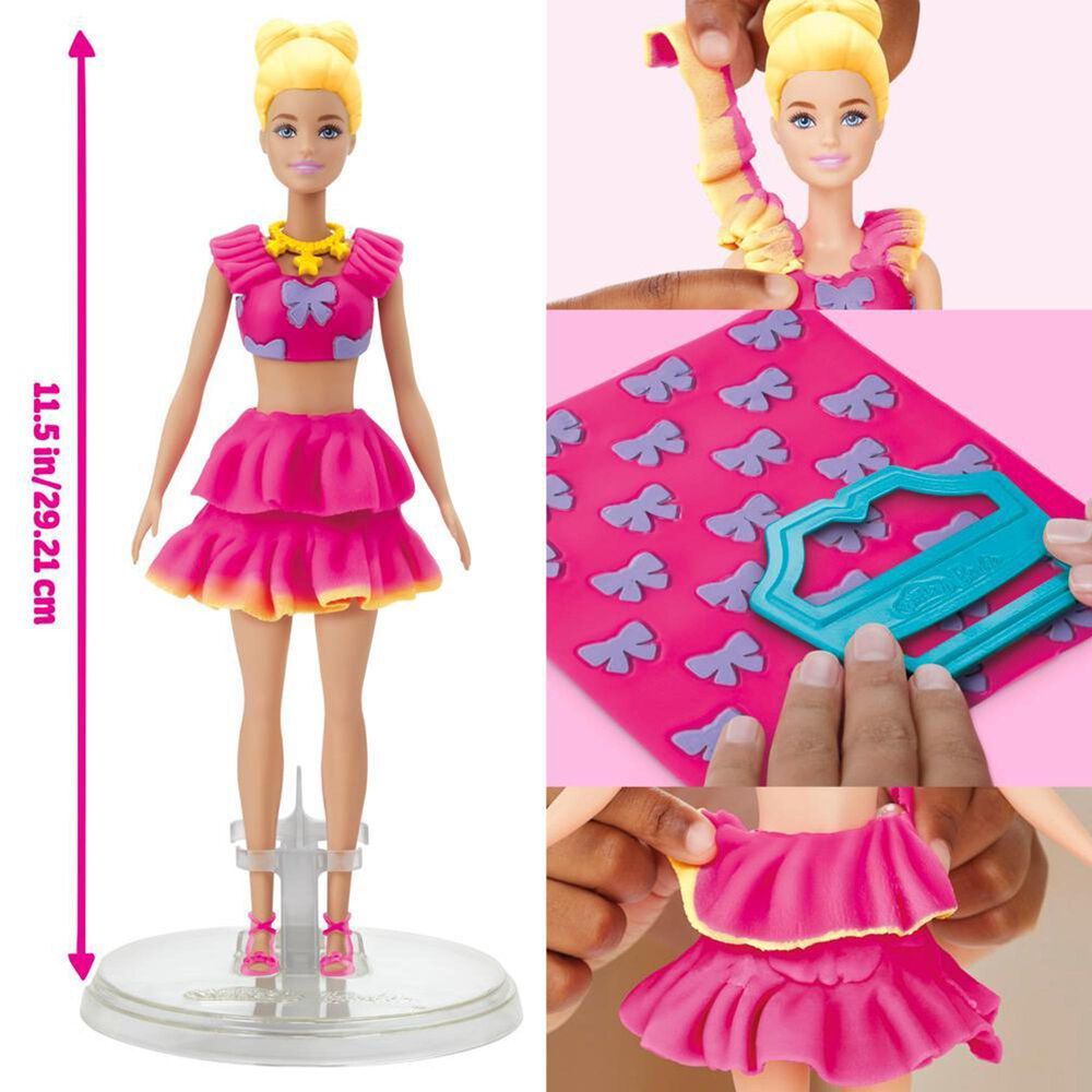 PlayDoh Barbie Ruffles and Bows Doll Set with Three Modeling Doughs in Yellow and Pink, , large