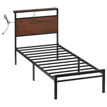 HOMLUX Industrial Twin Platform Bed with LED Headboard and Charging Station in Rustic Brown, , large
