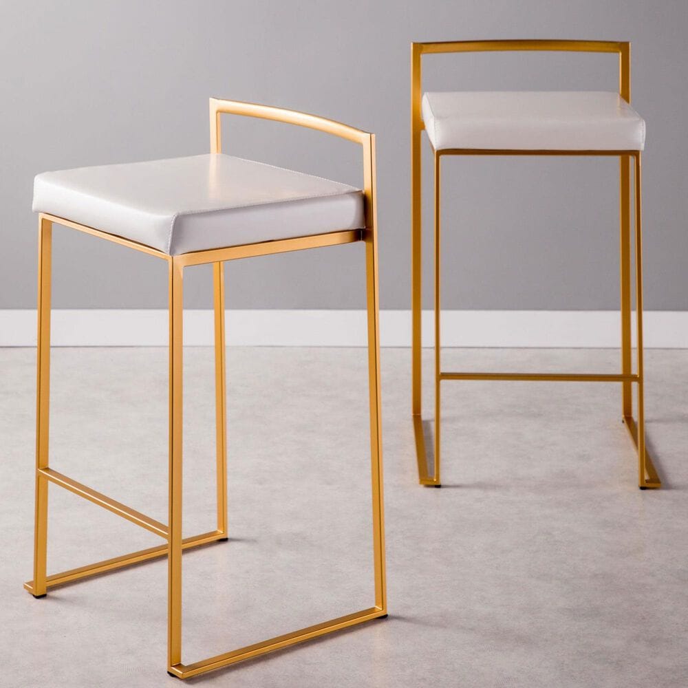 Lumisource Fuji High Back Counter Stool with White Faux Leather Cushion in Gold &#40;Set of 2&#41;, , large