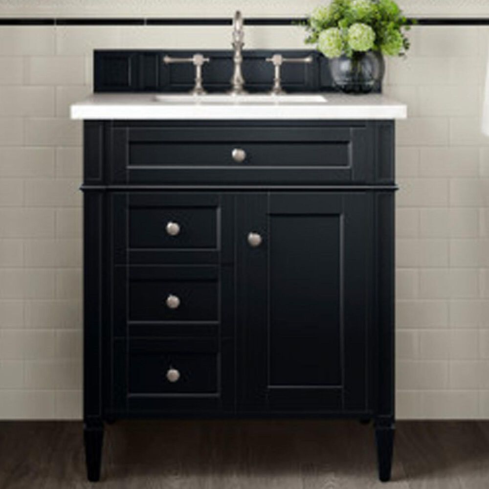 James Martin Vanities Brittany 30&quot; Single Bathroom Vanity in Black Onyx with 3 cm White Zeus Quartz Top and Rectangular Sink, , large